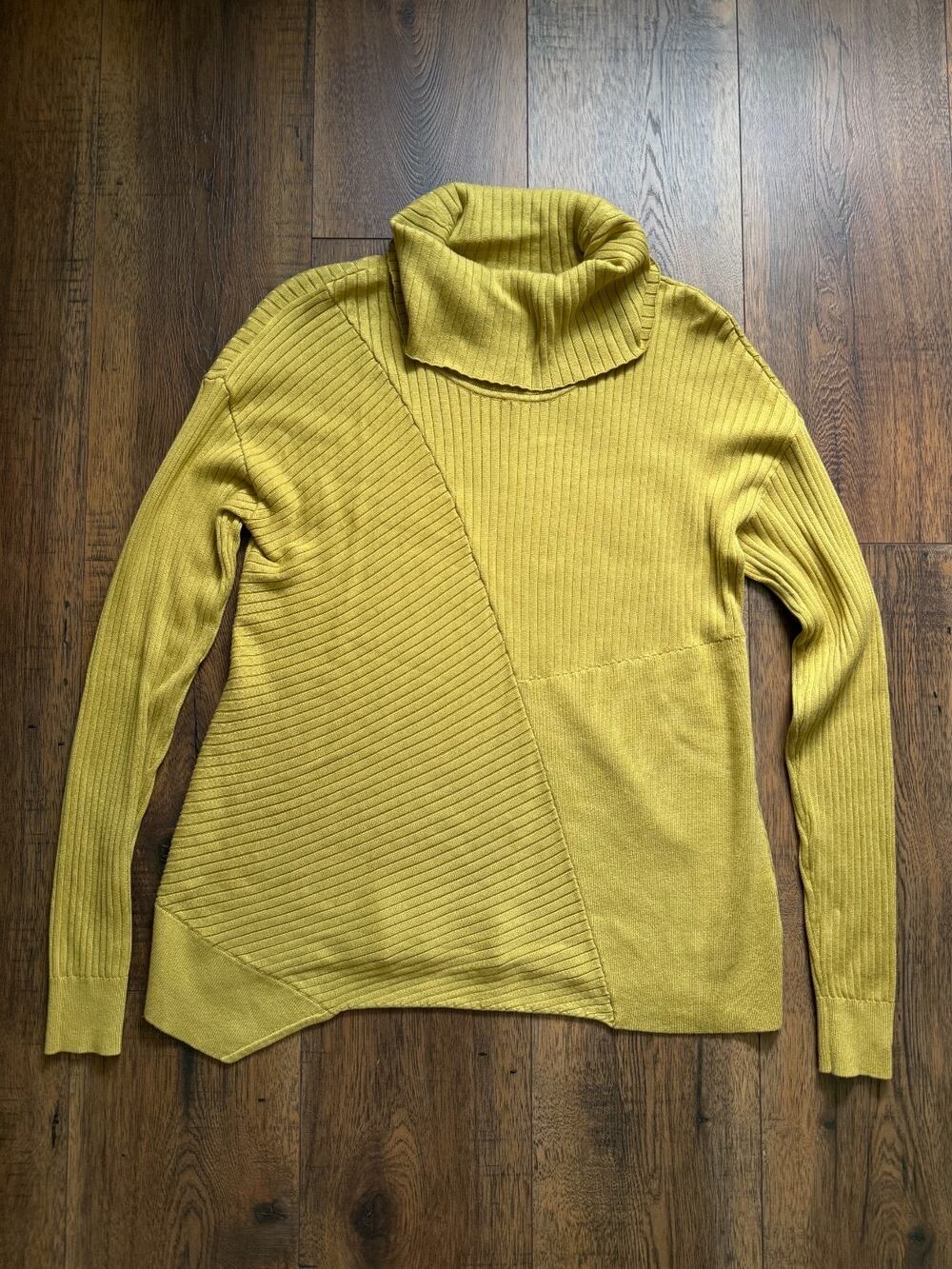 Cabi Chartreuse Retro Asymmetrical Colorblock Ribbed Turtleneck Sweater Size S